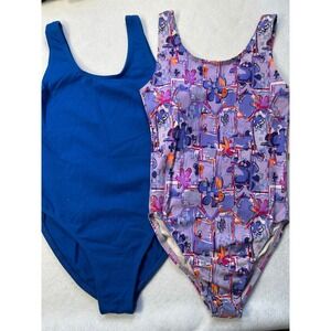 Vintage Jenni Rose Body Flex Kids Leotard Set 12/14 Blue Purple Floral 90s USA